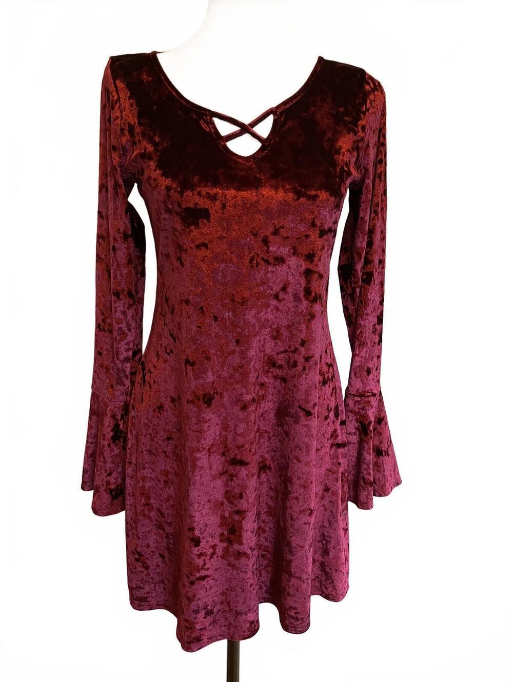Hollister Burgundy Crushed Velvet Dress M Whimsigoth Y2K Dark Romance 90s Grunge